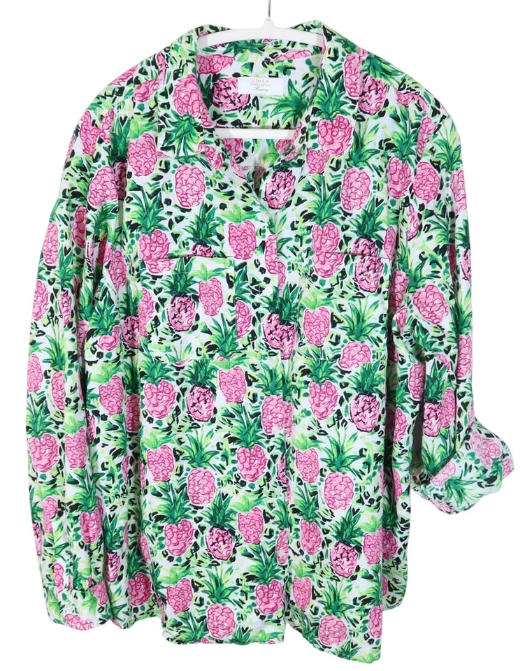 Top con botones manga enrollable mezcla de lino estampado piña CHARTER CLUB talla XL Foto 1 de 4