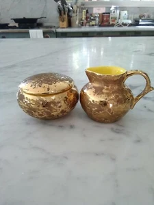 Weeping Bright Gold Hand Painted Vintage Creamer Sugar Bowl Lid marked gerheart - Picture 1 of 7