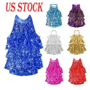 Kids Girls Shiny Sequins Ballet Dance Dress Halter Leotard Rumba Dance Costumes - Picture 1 of 56