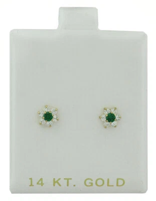 LAB CREATED EMERALD & WHITE SAPPHIRES STUD EARRINGS 14k GOLD - NWT - Screw Backs - Image 1 of 3