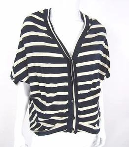 BCBGMAXAZRIA SHORT SLEEVE CARDIGAN SWEATER SIZE XS/S BLUE CREAM STRIPED - Imagen 1 de 8