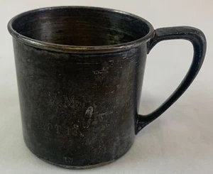 2.5x2.5x2.5 cup~ ONEIDA SILVERSMITHS ~ engraved VMH Sep 13, 1987 ~ weighs 3.4 oz - Picture 1 of 6