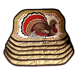 VTG Quilted Turkey Placemats Set of 6 Thanksgiving Farmhouse Rustic Cottagecore - Picture 1 of 16