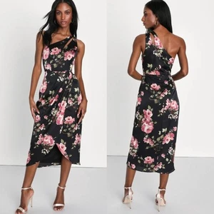 Abito midi Lulus nuovo con etichetta Aura monospalla raso floreale grande - Foto 1 di 16