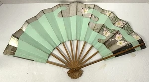 Vintage Japanese Sensu Folding Hand Fan Painted Cardboard Bamboo Frame Art Deco - Picture 1 of 13