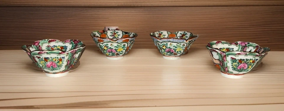 4 cuencos con patrón de flores de loto de porcelana rosa familiar con marca Qianlong Foto 1 de 4