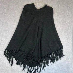 NEW YORK & COMPANY Knit Fringed Shawl With Hood Black One Size Fits All - Picture 1 of 6
