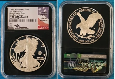 2025-W 250th ANNIVERSARY OF THE ARMY PRIVY PF70 FDOI MERCANTI W/BONUS ITEM - Image 1 of 3