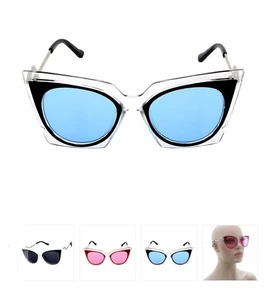 Women’s Retro Cat Eye Sunglasses Clear Frame Blue Pink Black Lens UV400 - Picture 1 of 7