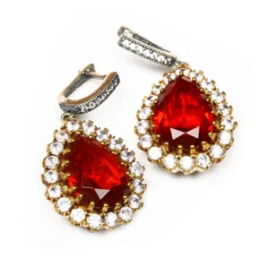 Hurrem Sultan Style Sterling Silver Earrings Genuine Silver Ruby like Zircon - Picture 1 of 2