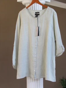 TAHARI Celery/White COLLARLESS 100% Linen Button Down Shirt Tunic Top Sz 1X NWT - Picture 1 of 4