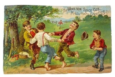 ANTIQUE MERCHANT’S TRADE CARD–WOOLSON SPICE CO./LIONS COFFEE MIDSUMMER GREETINGS - Image 1 of 3