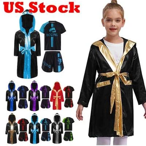 Boys Girls Boxing Uniform Set 3 Pcs Long Sleeve Open Front Hooded Cloak Robe - Picture 1 of 86