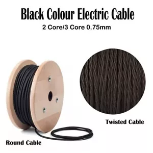 Schwarz geflochtenes Kabel Vintage verdreht/rund Stoff Flex 2/3 Kern elektrischer Draht - Bild 1 von 15