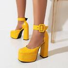 Fashion Women Square Toe Faux Leather Block Heels Shoes Party Dress Club Sandals