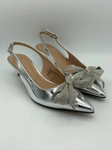 Women's Priscilla Rhinestone Bow Slingback Kitten Heels A New Day Silver Size 8 - Picture 1 of 11