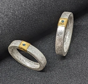 Partnerringe, 4 mm breit, Silber, Gold 750, blauer Diamant, Flamere Paarpreis - Picture 1 of 6