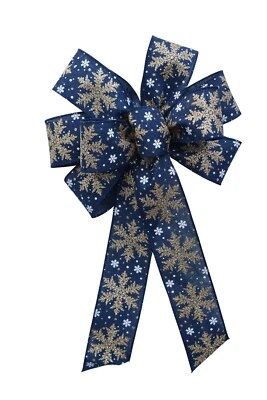 Large 10" Hand Made Wreath Bow - Wired Linen- Gold on Navy- Holiday Snow Flake - Image 1 of 4