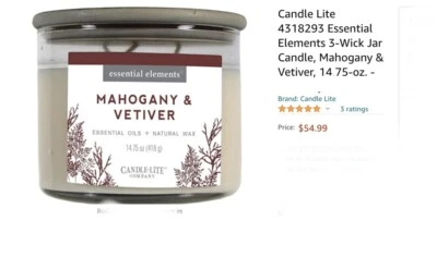 Candle-Lite Company Essential Elements Caoba y Vetiver 3 Mechas Tarro Vela, Foto 1 de 3