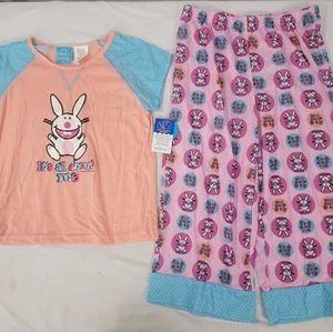 Its Happy Bunny Girl's Pajamas PJS Pants Short Sleeve Shirt Sz 10 12 Orange NOS - Picture 1 of 6