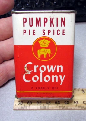 vintage Crown Colony Pumpkin Pie Spice 2 oz mostly full spice tin, great colors - Image 1 of 4