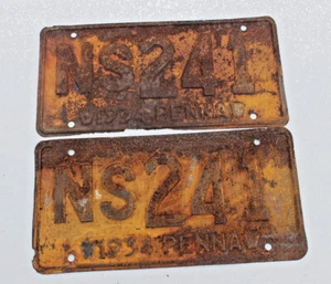 PAIR OF 2 VINTAGE ANTIQUE 1934 PENNA LICENSE PLATE NS241 GARAGE MAN CAVE DECOR - Picture 1 of 1