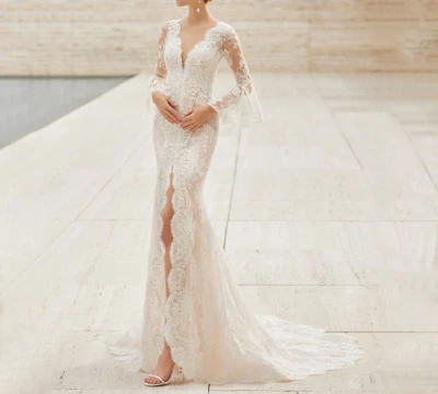 Elegant Mermaid Wedding Dresses Illusion LaceApplique Sexy BrideGown with Button - Image 1 of 4