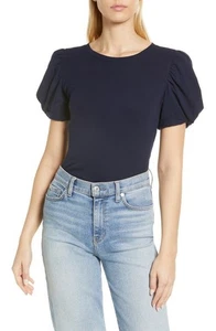 1.State Puff Sleeve Short Sleeve Knit Blouse Women's Size Small Navy Pullover - Picture 1 of 15