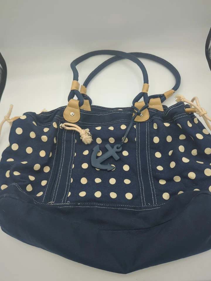 Джинсовая ручная сумка с короткими ручками морской якорь темно-синий белый горошек веревки акцент пляж сумочка - Изображение 1 из 4