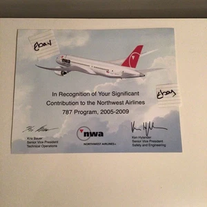 Northwest Airlines Boeing 787 Dreamliner "Danke" signiert Anerkennung Zertifikat - Bild 1 von 8