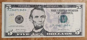 APRIL 07, 1949 Birthday Note (PJ04071949A) Series 2017A $5 Federal Reserve Note - Picture 1 of 2