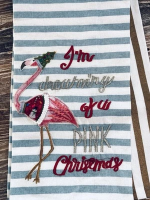 Flamingo  Kitchen Tea Towel Christmas Coastal Collection Embroidered Striped NWT - Image 1 of 4