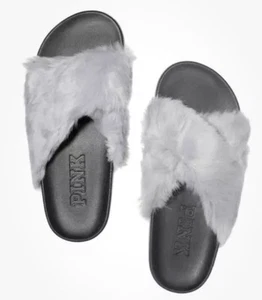 Victoria's Secret Pink Slides Medium 7/8 Gray Faux Fur Slide BRAND NEW - Picture 1 of 2