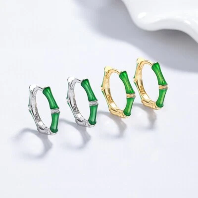 925 Silber Bambus Creolen – Grüne Emaille, Asiatischer Stil, Damen Ohrringe - Bild 1 von 4