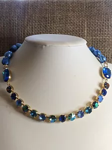 Dark Blue Metallic AB Crystal & Blue Baroque Pearls Statement Necklace - Picture 1 of 9