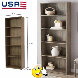 71" Tall 5-Shelf Wood Bookcase Storage Adjustable Shelving Rustic Oak Bookshelf - Picture 1 of 4