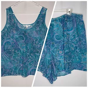 Cacique Sensual Shorts Tank Set Women 26/28 Blue Paisley Sheer Pull-On Y2K - Picture 1 of 13