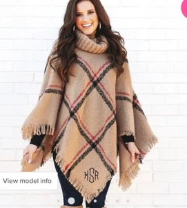 MarleyLilly Monogrammed Plaid Cowl Neck Poncho Plus Size NWT - Picture 1 of 13