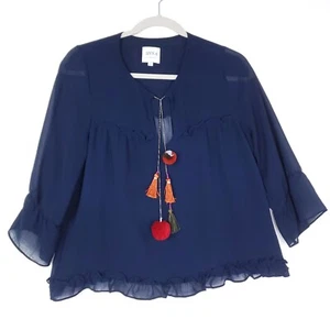 MISA Los Angeles Aleks 3/4 Sleeve Tassel Ruffle Blouse Top Sz Small Navy - Picture 1 of 14