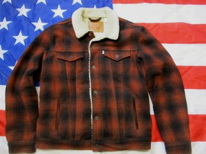 LEVI LEVIS VINTAGE FASHION AMERICAN red wool CHECK trucker sherpa JACKET COAT m - Picture 1 of 24
