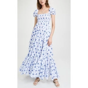 Caroline Constas Tuckernuck Gianna Maxi Dress Smocked Blue White Floral Tiered - Picture 1 of 18