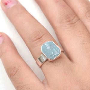 Natural Raw Aquamarine Ring 925 Sterling Silver Handmade Birthstone Ring-RR469 - Picture 1 of 4