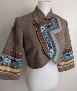 Vtg Tweed Bolero Jacket Cropped Boho Asian Embellished Nylon by Dex 4 Wool Blend - Picture 1 of 18