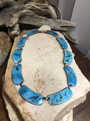 Collar Vintage Mediados de Siglo Modernista K Denning Cobre Azul Blanco Esmalte Foto 1 de 4