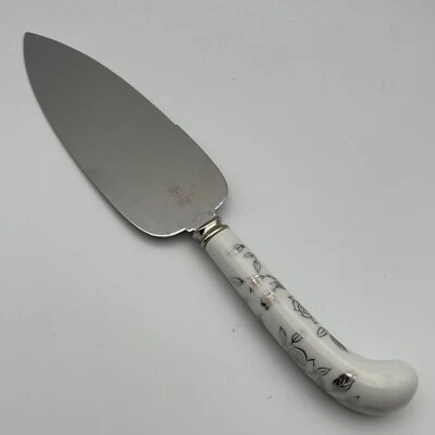 Prill Sheffield Cake & Pie Server Silver Tone Roses 6" Stainless Blade Porcelain - Image 1 of 4