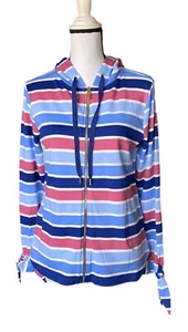 Felpa donna Crown & Ivy manica lunga blu rosa a righe con cappuccio zip intera cotone taglia S - Foto 1 di 8