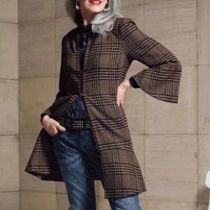 Cabi Womens Small Brown Tartan Plaid Ruffled Zip Longline Jacket Outlander - Picture 1 of 8