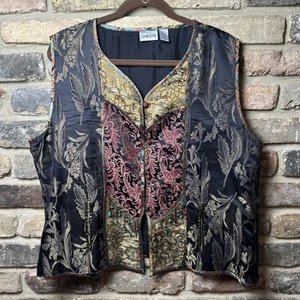 Chico's 90s Boho Vest Embroidered Floral Silk Glass Beads Buttons Women's Size 3 - Imagen 1 de 6