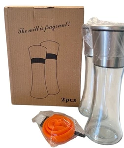 Salt & Pepper Grinder Set NEW IN BOX Clear Glass Containers Silver Top - Picture 1 of 6