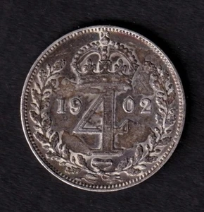 Great Britian 1902 4p Four Pence Silver Coin King Edward VII .925 Silver - Picture 1 of 2